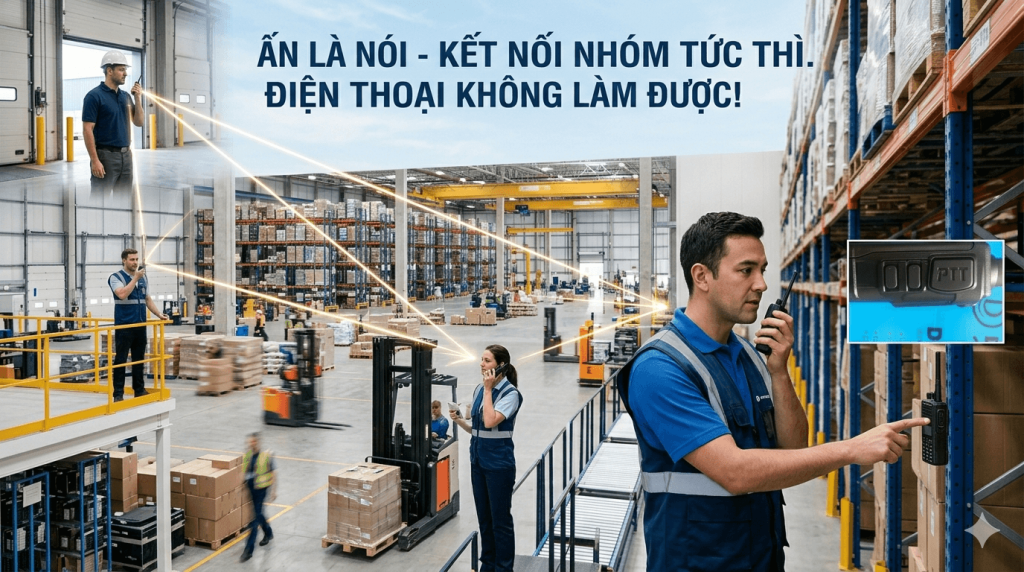Máy bộ đàm ấn là nói, kết nối nhóm tức thì nhưng điện thoại không làm được