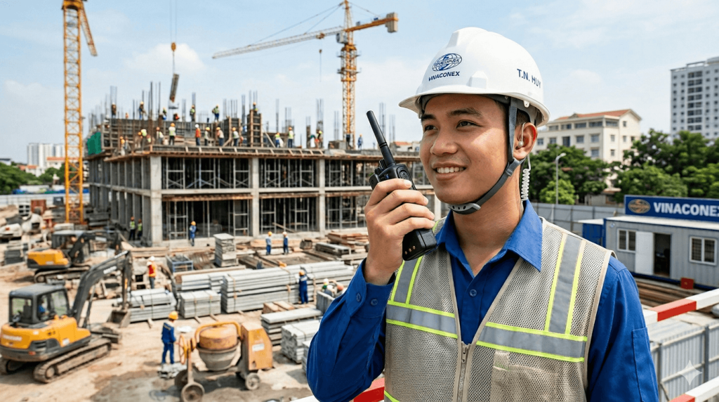 Công nhân đang cầm máy bộ đàm liên lạc với nhau